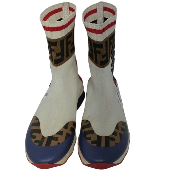 Fendi Multi-Color FF Logo Sock Sneakers - White, Brown, Red, Blue Size 37 - Picture 3 of 17